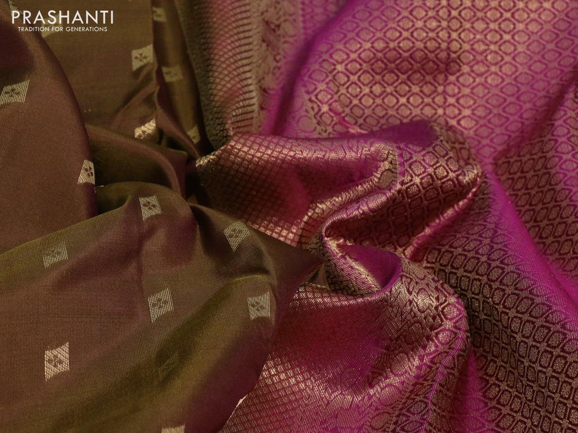 Pure kanchipuram silk saree dark mehendi green and purple with zari woven buttas and thread & zari woven border