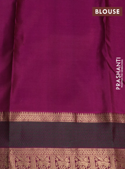 Pure kanchipuram silk saree dark mehendi green and purple with zari woven buttas and thread & zari woven border