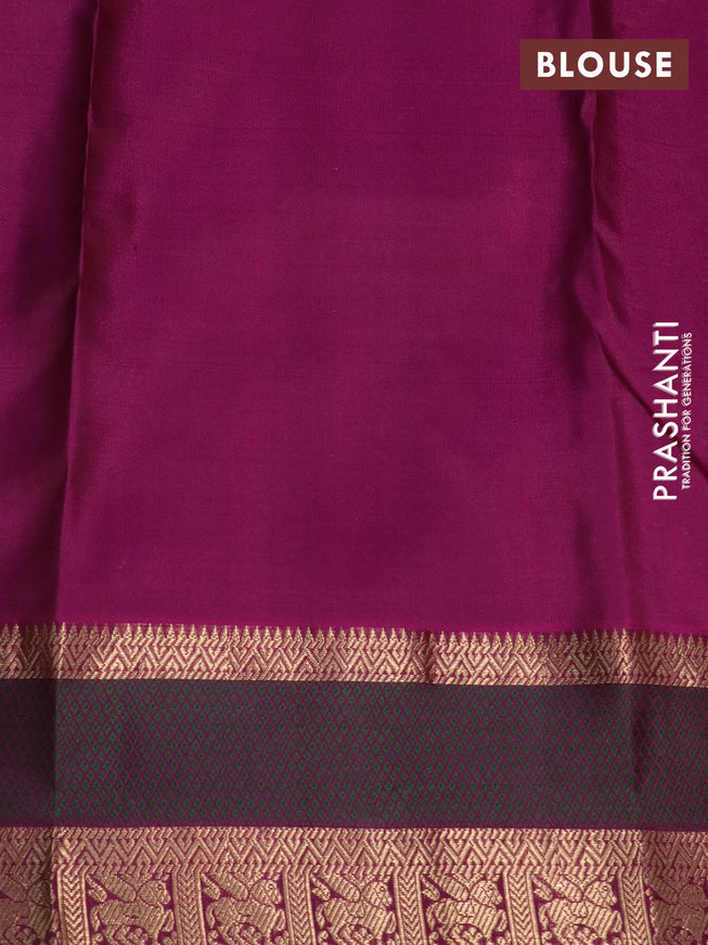 Pure kanchipuram silk saree dark mehendi green and purple with zari woven buttas and thread & zari woven border