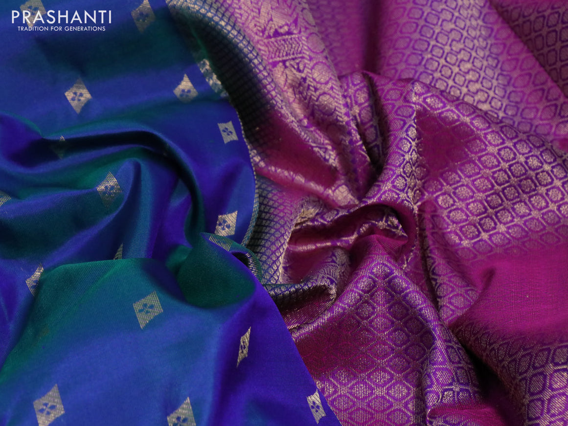 Pure kanchipuram silk saree dual shade of bluish green and purple with zari woven buttas and thread & zari woven border