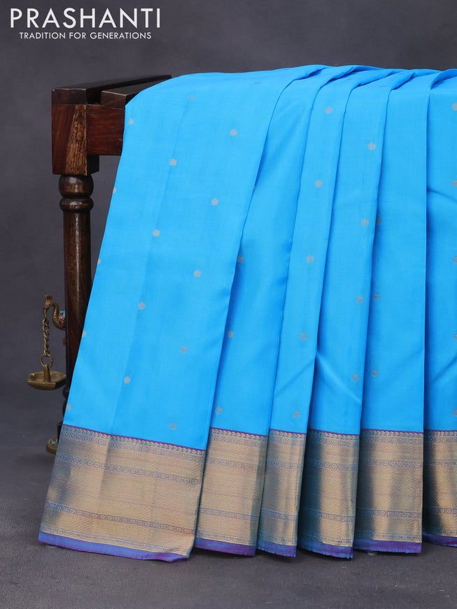 Pure kanchipuram silk saree light blue and dual shade of purple with zari woven buttas and zari woven border