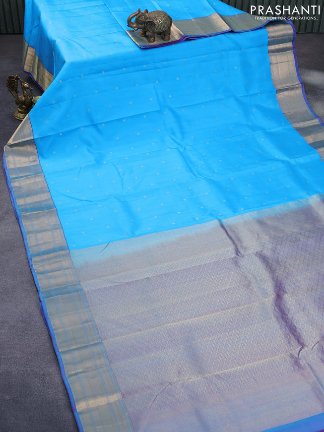 Pure kanchipuram silk saree light blue and dual shade of purple with zari woven buttas and zari woven border