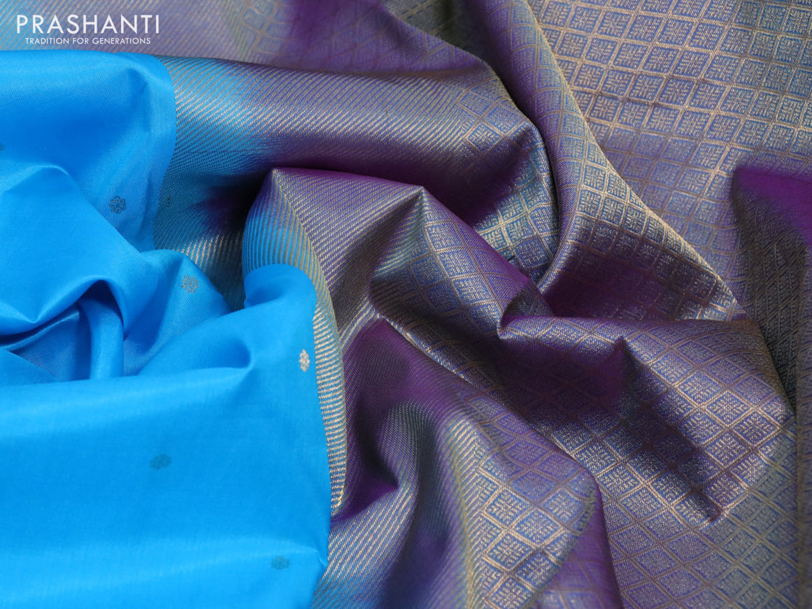 Pure kanchipuram silk saree light blue and dual shade of purple with zari woven buttas and zari woven border