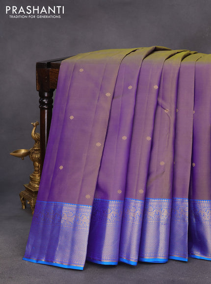 Pure kanchipuram silk saree dual shade of bluish green and cs blue with zari woven buttas and rich zari woven border