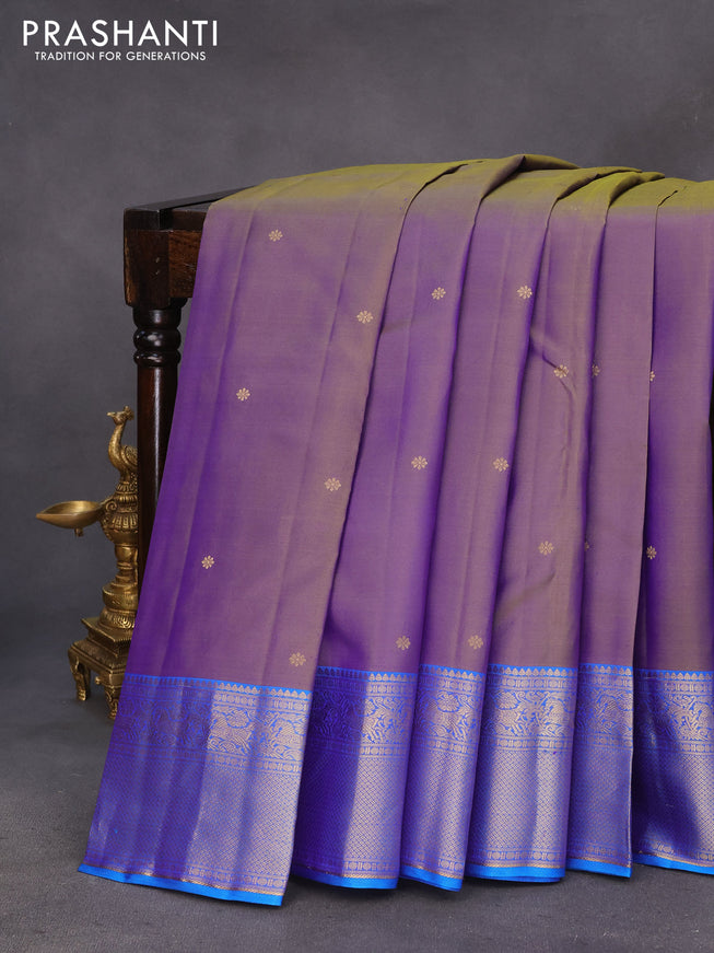 Pure kanchipuram silk saree dual shade of bluish green and cs blue with zari woven buttas and rich zari woven border