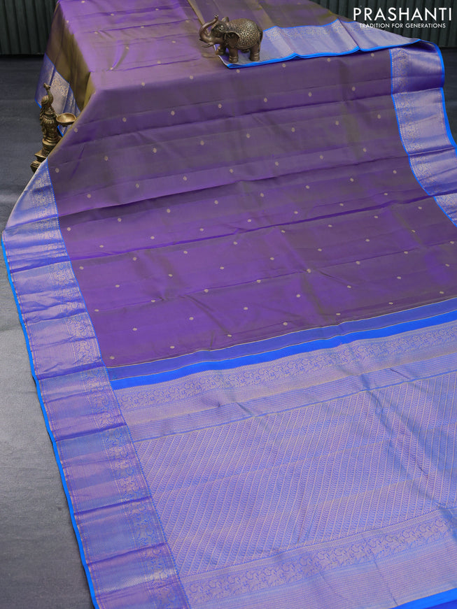 Pure kanchipuram silk saree dual shade of bluish green and cs blue with zari woven buttas and rich zari woven border