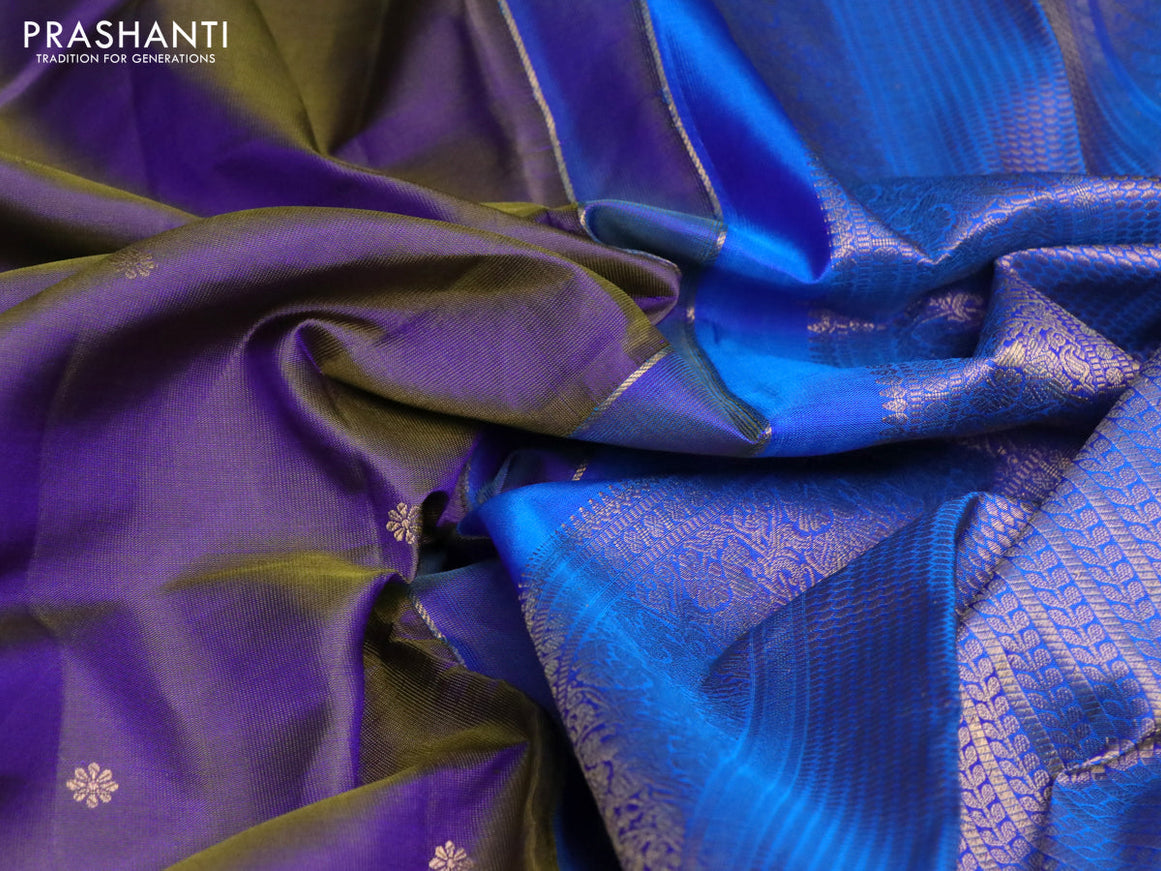 Pure kanchipuram silk saree dual shade of bluish green and cs blue with zari woven buttas and rich zari woven border