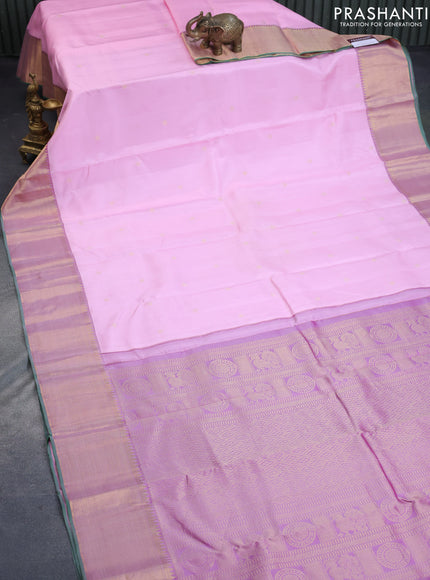 Pure kanchipuram silk saree light pink and dual shade of purple with zari woven buttas and rich zari woven border