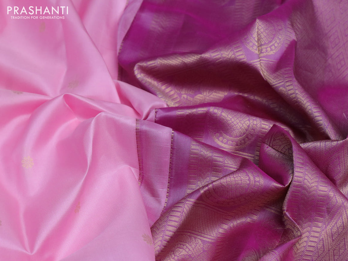 Pure kanchipuram silk saree light pink and dual shade of purple with zari woven buttas and rich zari woven border