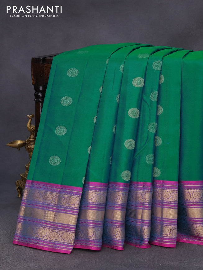 Pure kanchipuram silk saree teal green and dual shade of pink with zari woven buttas and long zari woven border