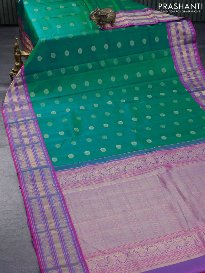 Pure kanchipuram silk saree teal green and dual shade of pink with zari woven buttas and long zari woven border