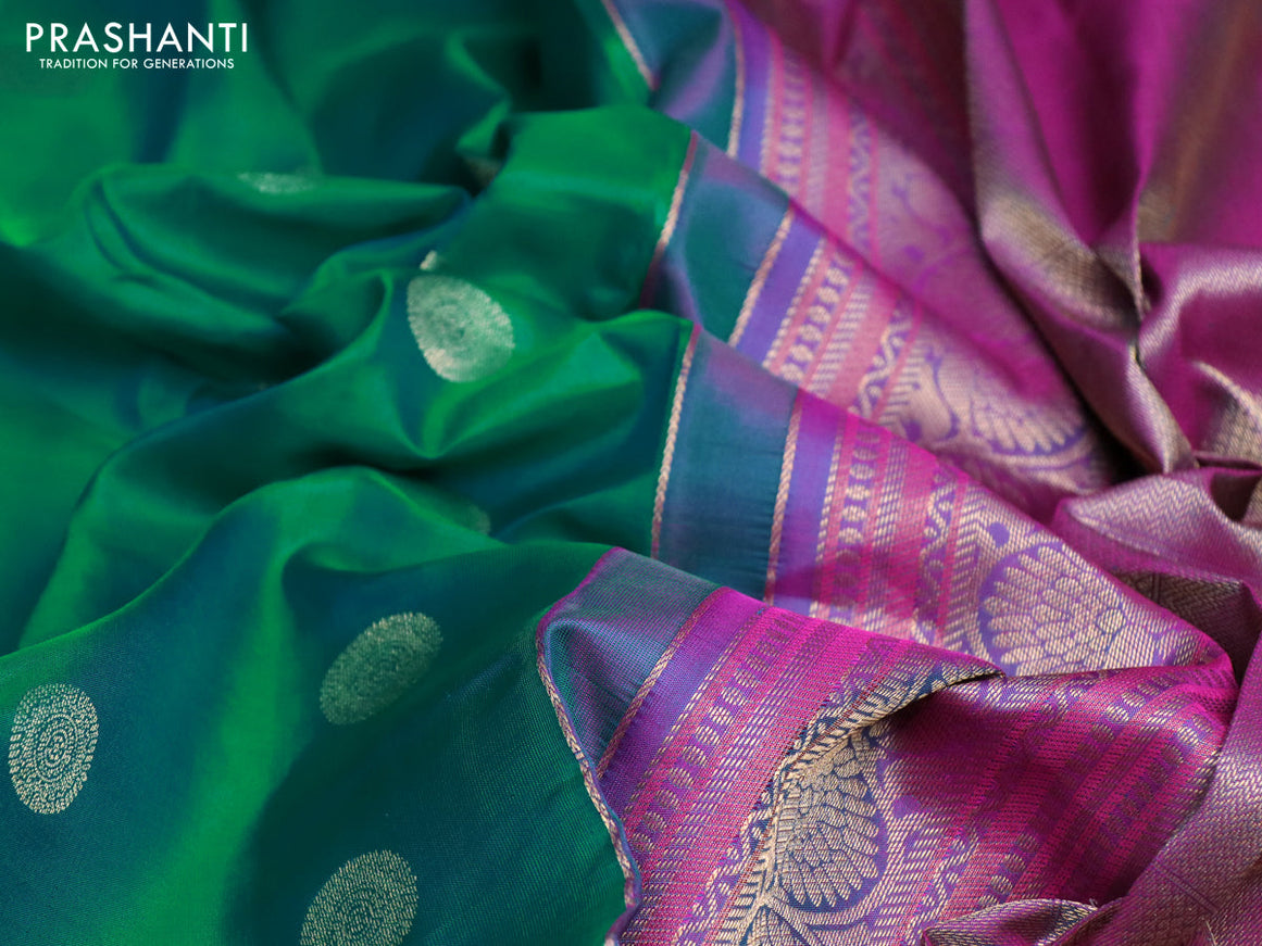 Pure kanchipuram silk saree teal green and dual shade of pink with zari woven buttas and long zari woven border