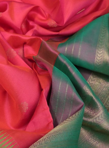 Pure kanchipuram silk saree dual shade of pinkish orange and dual shade of green with zari woven buttas and long zari woven border