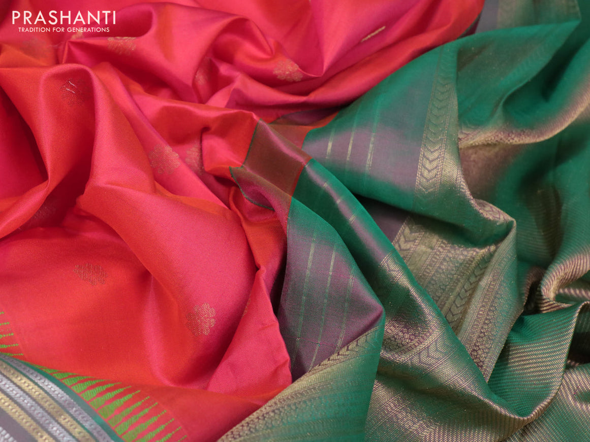 Pure kanchipuram silk saree dual shade of pinkish orange and dual shade of green with zari woven buttas and long zari woven border