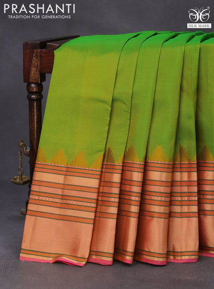 Pure kanchipuram silk saree dual shade of greenish yellow and dual shade of pink with plain body and temple design long zari woven border