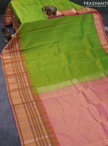 Pure kanchipuram silk saree dual shade of greenish yellow and dual shade of pink with plain body and temple design long zari woven border