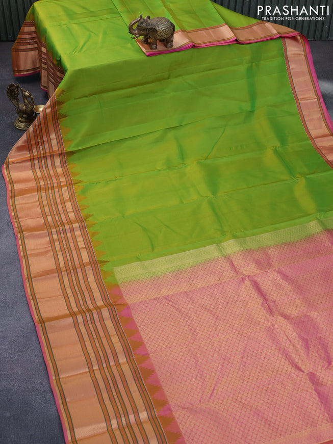 Pure kanchipuram silk saree dual shade of greenish yellow and dual shade of pink with plain body and temple design long zari woven border