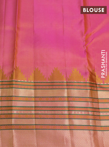 Pure kanchipuram silk saree dual shade of greenish yellow and dual shade of pink with plain body and temple design long zari woven border