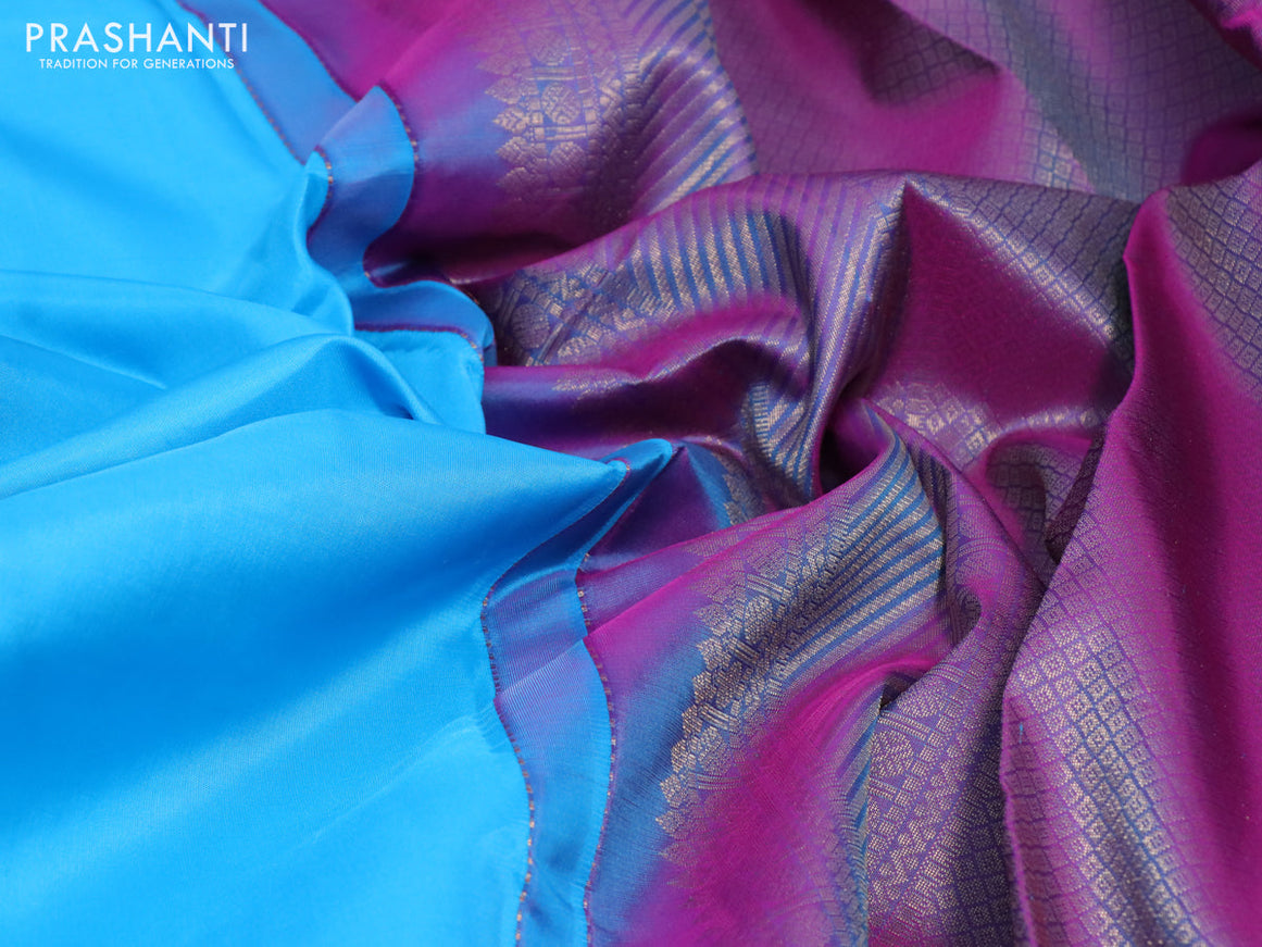 Pure kanchipuram silk saree light blue and green with plain body and zari woven border