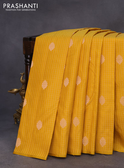 Pure kanchipuram silk saree mustard yellow with allover zari checks & buttas in borderless style