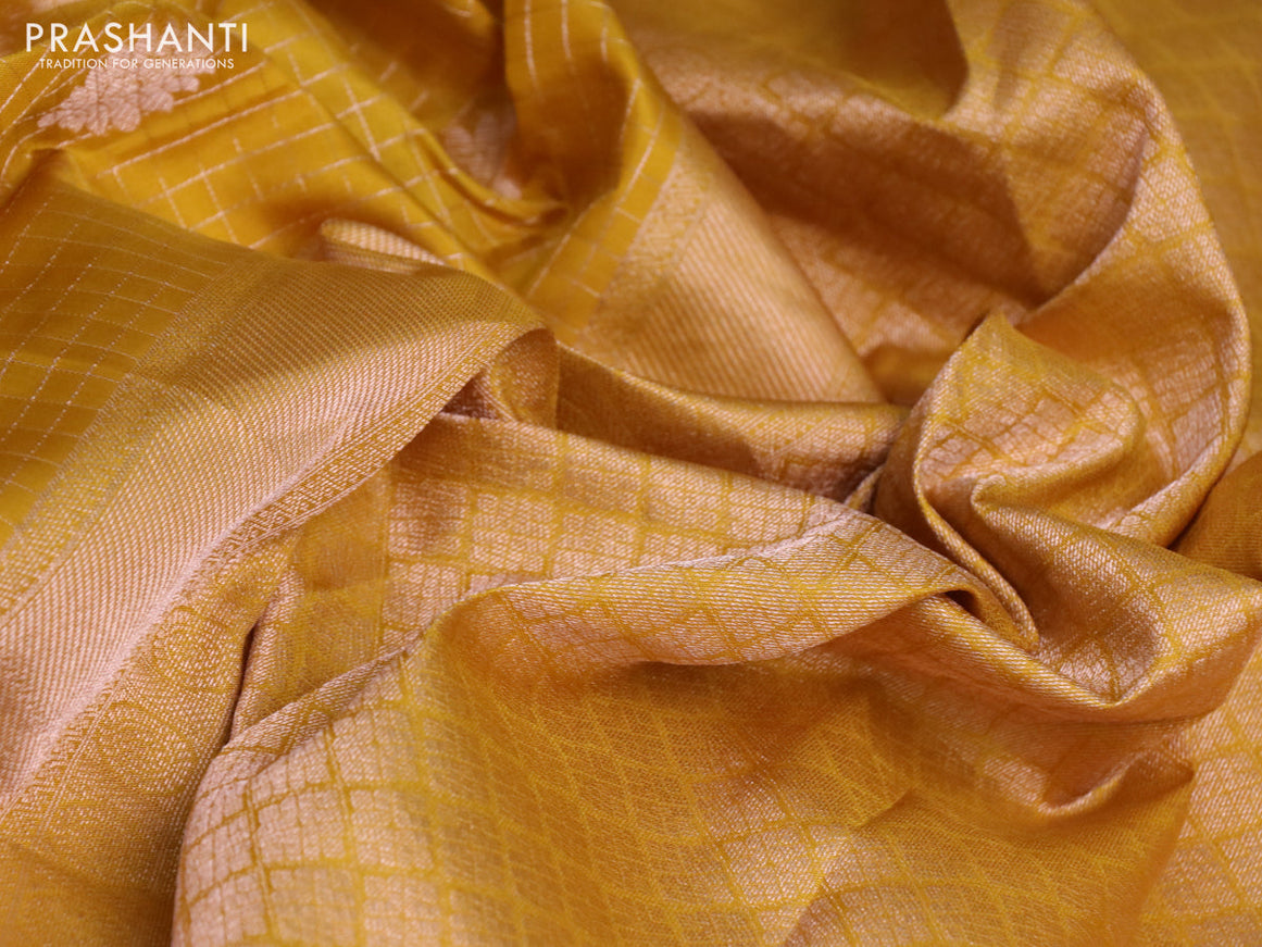 Pure kanchipuram silk saree mustard yellow with allover zari checks & buttas in borderless style