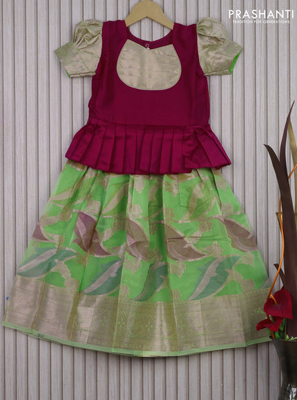 Banarasi kids lehenga magenta pink and light green with patch work neck pattern and thread zari weaves & woven border