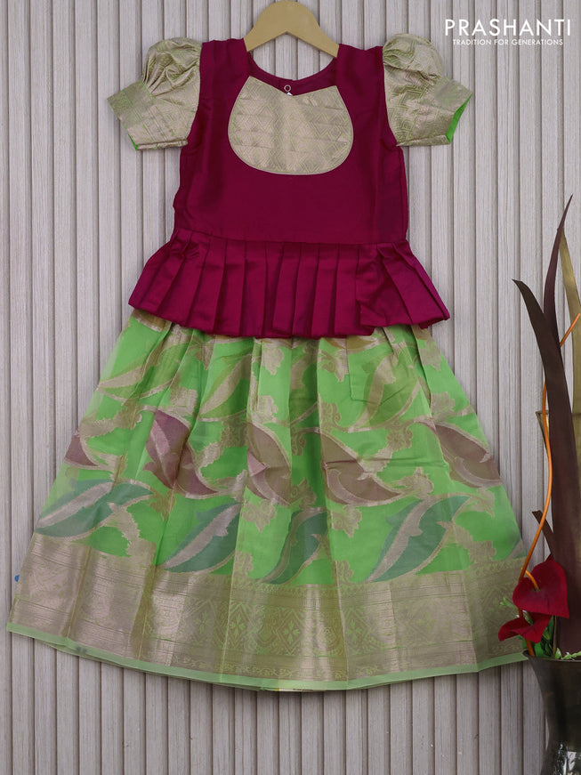 Banarasi kids lehenga magenta pink and light green with patch work neck pattern and thread zari weaves & woven border