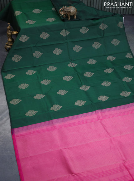 Pure kanchipuram silk saree green and pink with zari woven buttas in borderless style