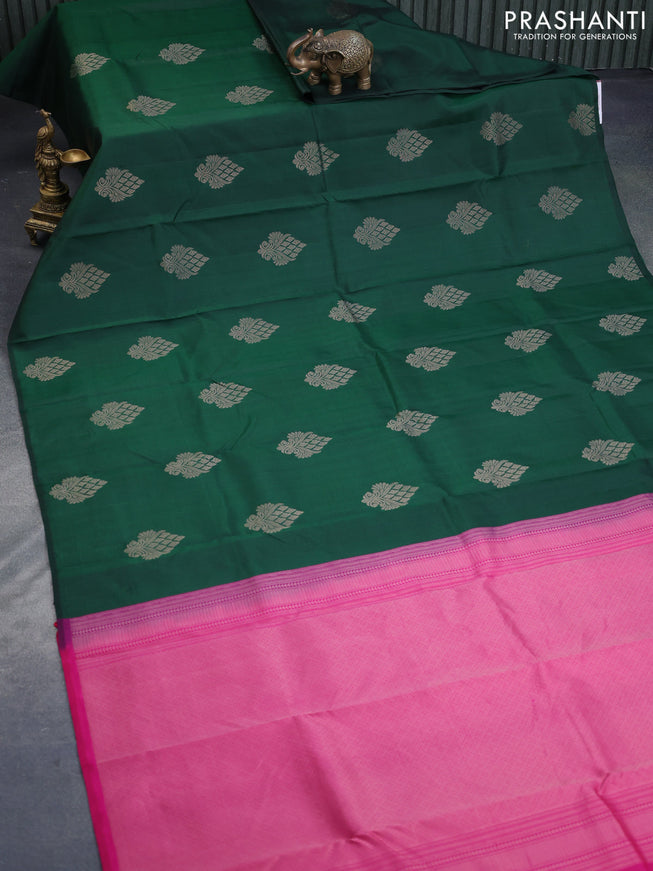 Pure kanchipuram silk saree green and pink with zari woven buttas in borderless style