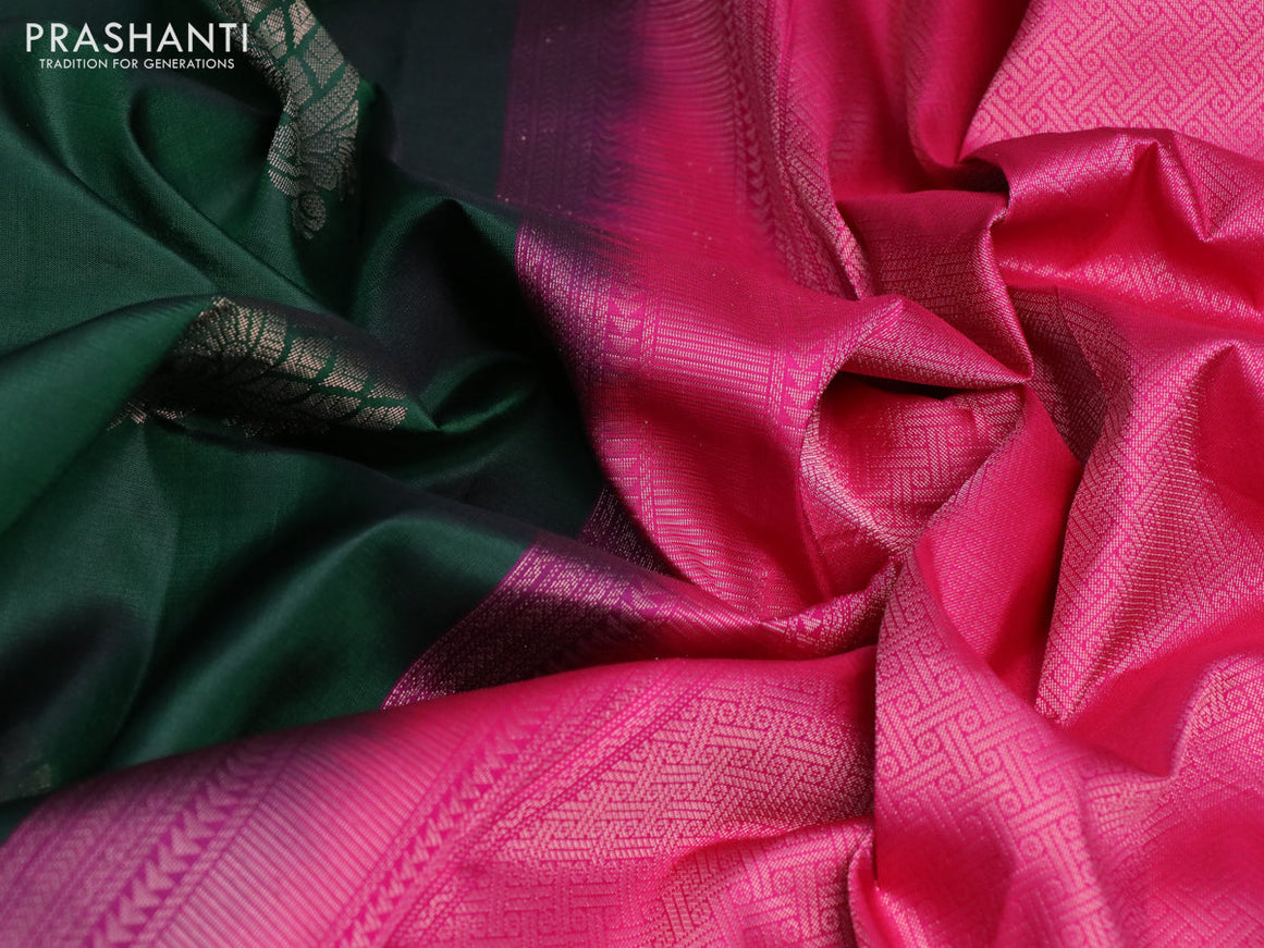 Pure kanchipuram silk saree green and pink with zari woven buttas in borderless style