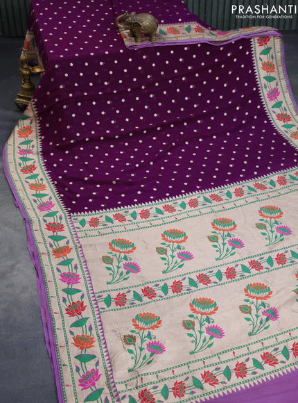 Banarasi georgette silk saree deep purple and mild lavender with zari woven buttas and zari woven floral design zari woven paithani border