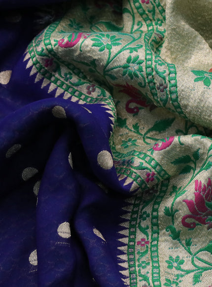 Banarasi georgette silk saree blue and teal blue with allover zari woven buttas and zari woven peacock design zari woven paithani border