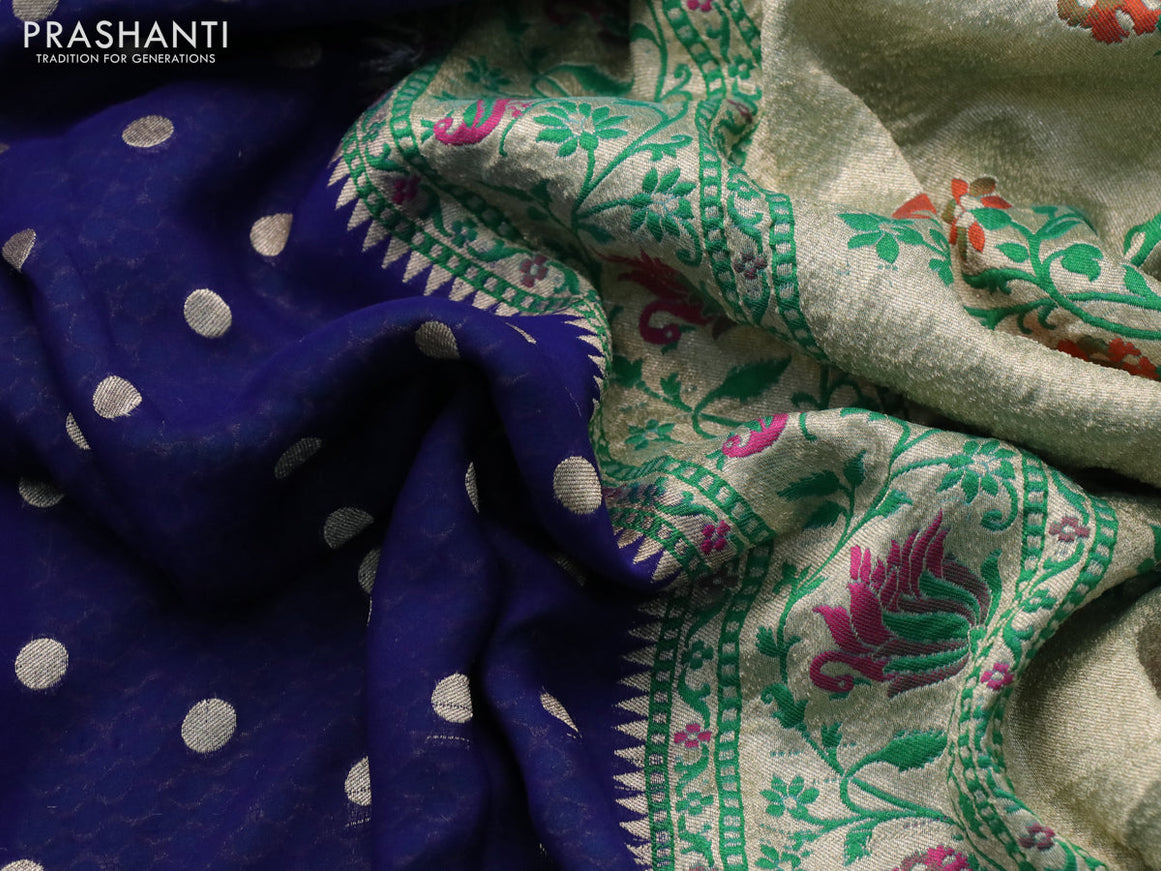 Banarasi georgette silk saree blue and teal blue with allover zari woven buttas and zari woven peacock design zari woven paithani border