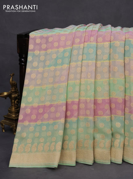 Banarasi georgette silk saree teal green and light pink with zari woven buttas and zari woven border