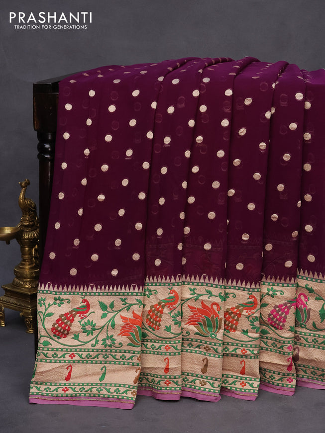 Banarasi georgette silk saree deep purple and mild lavender with zari woven buttas and zari woven peacock design zari woven paithani border