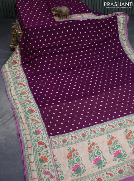 Banarasi georgette silk saree deep purple and mild lavender with zari woven buttas and zari woven peacock design zari woven paithani border