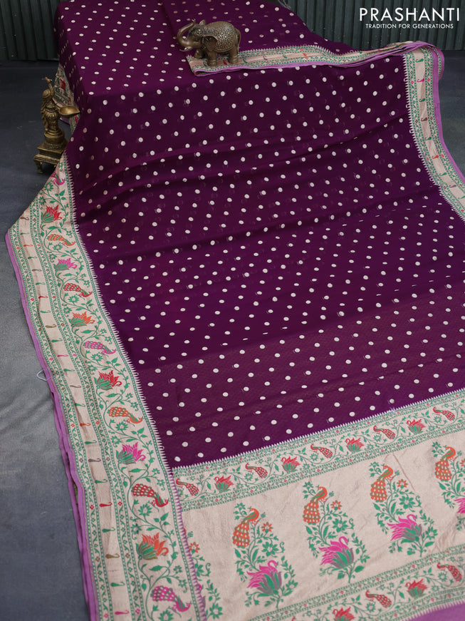 Banarasi georgette silk saree deep purple and mild lavender with zari woven buttas and zari woven peacock design zari woven paithani border