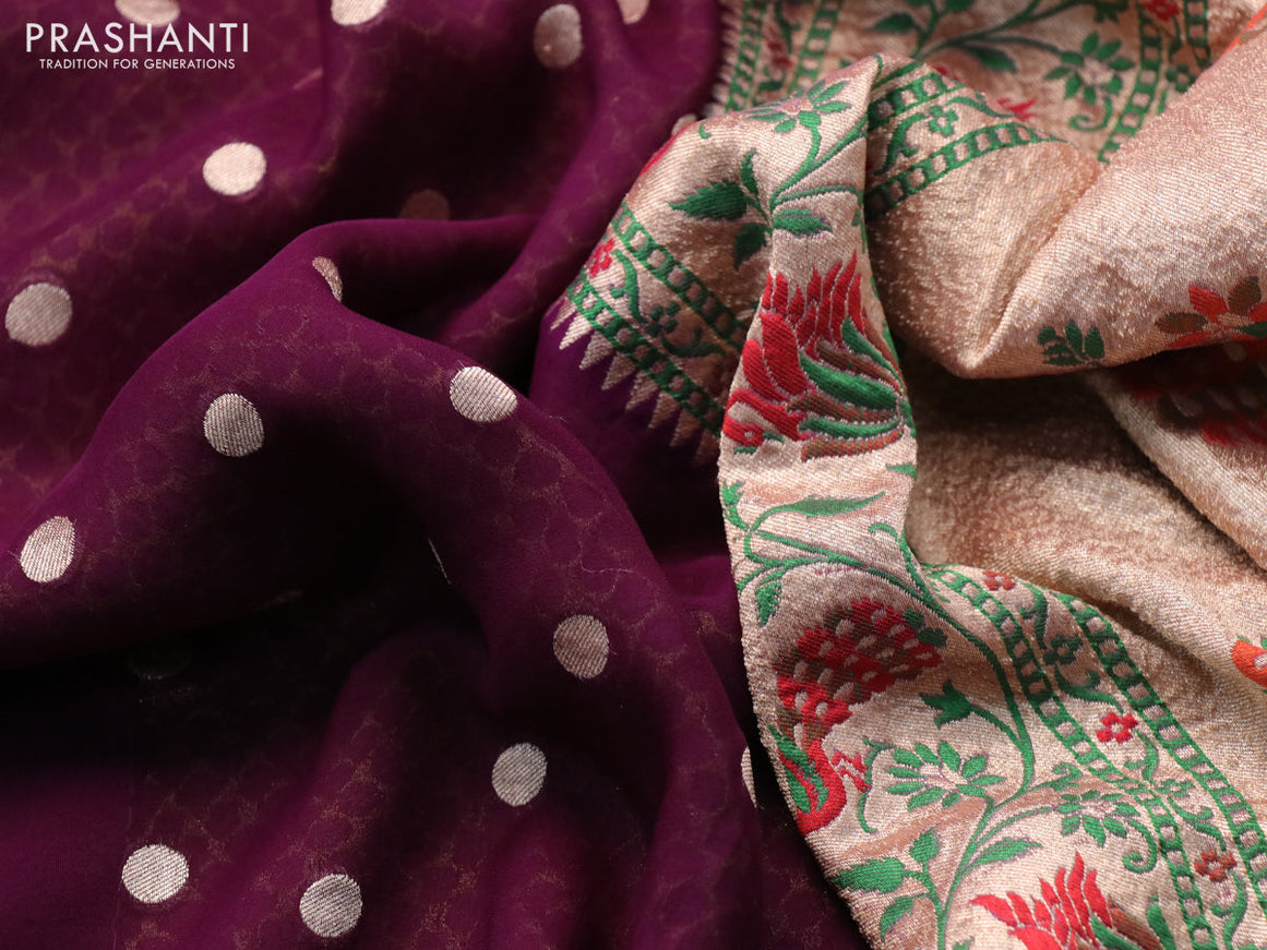 Banarasi georgette silk saree deep purple and mild lavender with zari woven buttas and zari woven peacock design zari woven paithani border