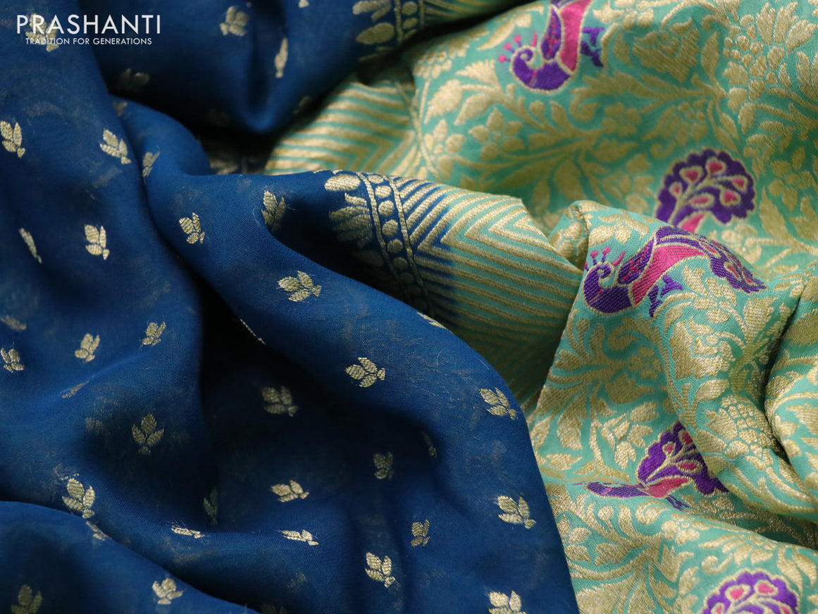 Banarasi georgette silk saree peacock blue and teal blue with zari woven buttas and long zari woven paithani border