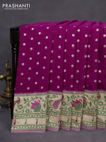 Banarasi georgette silk saree magenta pink and mauve pink with allover zari woven buttas and zari woven paithani border