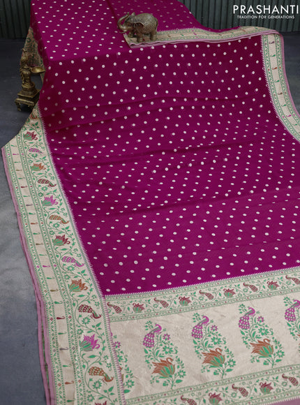 Banarasi georgette silk saree magenta pink and mauve pink with allover zari woven buttas and zari woven paithani border