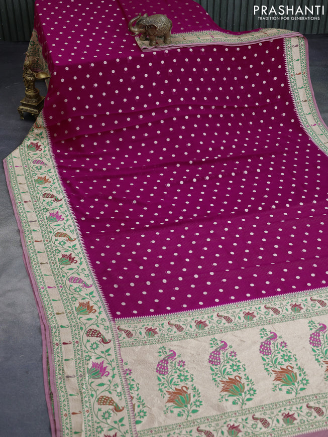 Banarasi georgette silk saree magenta pink and mauve pink with allover zari woven buttas and zari woven paithani border