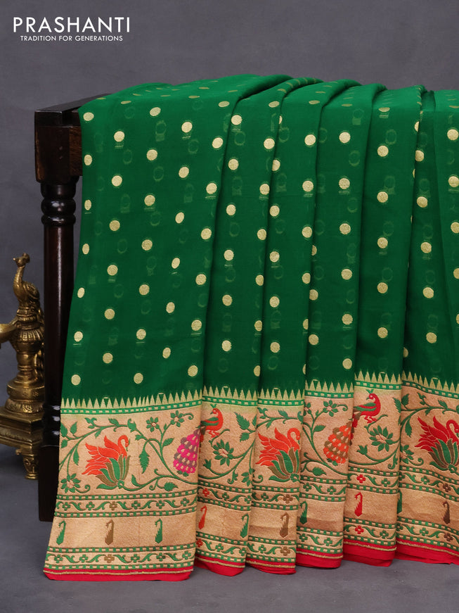 Banarasi georgette silk saree green and maroon with allover zari woven buttas and zari woven paithani border