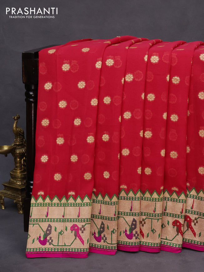 Banarasi georgette silk saree red and pink with allover zari woven floral buttas and zari woven paithani border