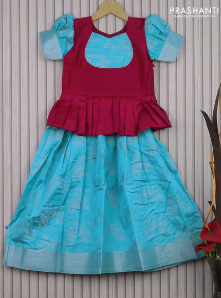 Banarasi kids lehenga teal blue and magenta pink with patch work neck pattern and thread zari weaves & woven border