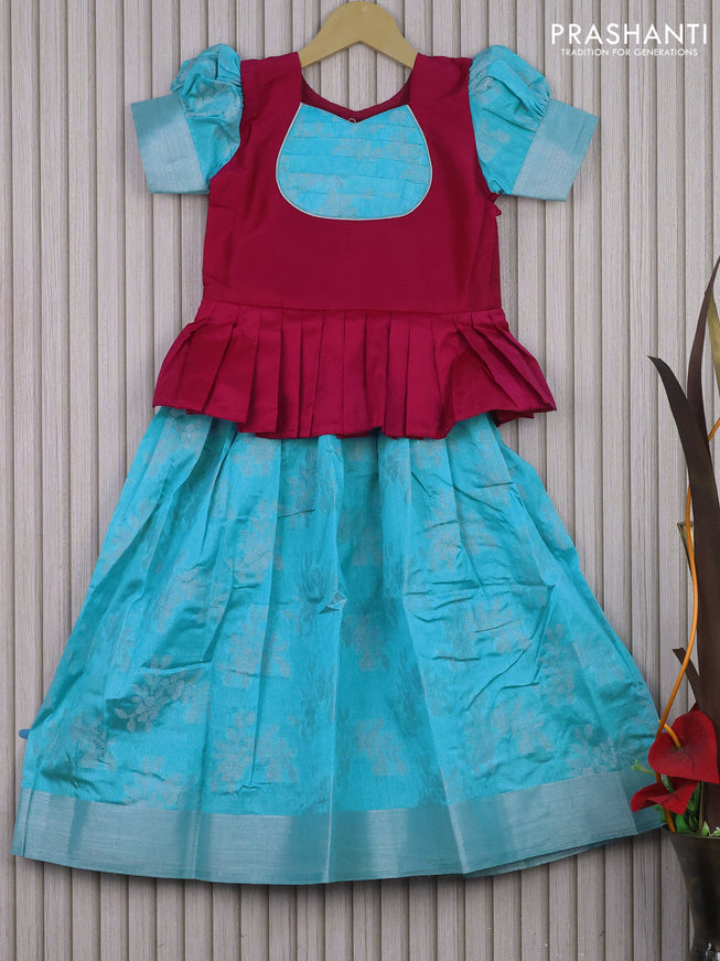 Banarasi kids lehenga teal blue and magenta pink with patch work neck pattern and thread zari weaves & woven border