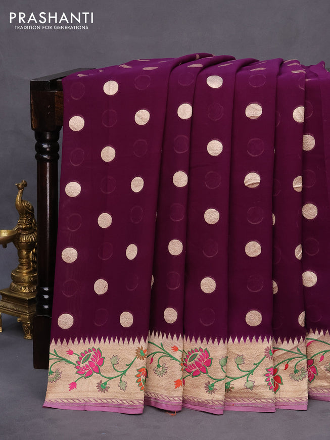 Banarasi georgette silk saree deep purple and mild purple with allover zari woven buttas and zari woven paithani border