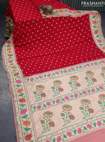 Banarasi georgette silk saree red and peach shade with allover zari woven buttas and zari woven paithani border