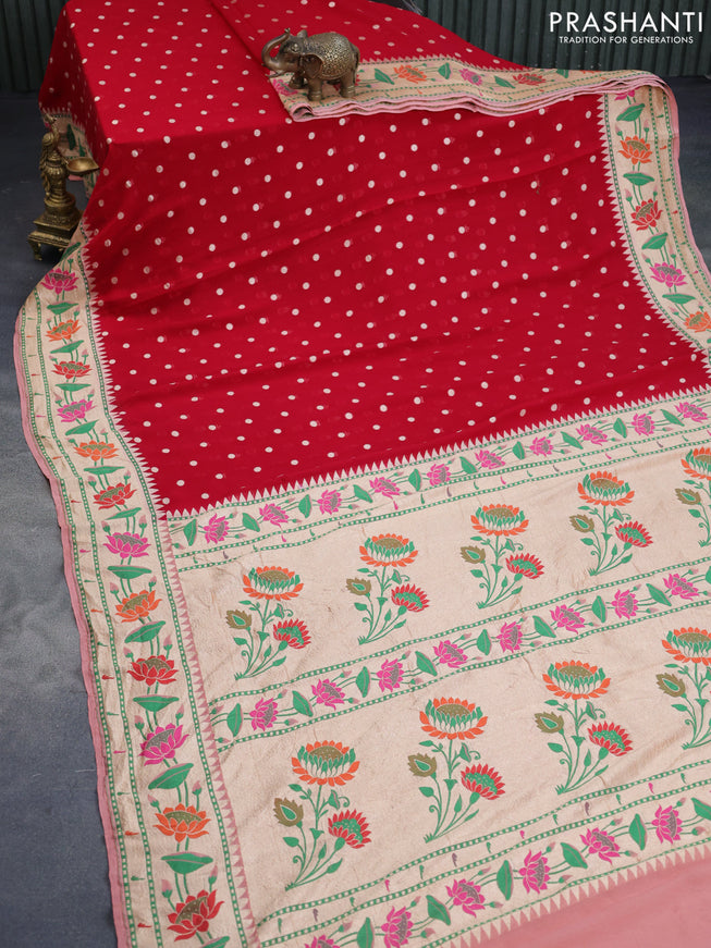 Banarasi georgette silk saree red and peach shade with allover zari woven buttas and zari woven paithani border