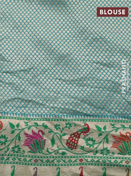 Banarasi georgette silk saree dark blue and teal blue with allover zari woven buttas and zari woven peacock design zari woven paithani border